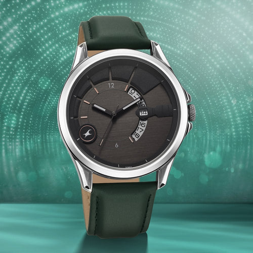 Fastrack Groove Quartz Analog with Date Grey Dial Green Leather Strap Watch For Guys 3323SL01