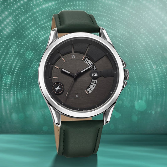 Fastrack Groove Quartz Analog with Date Grey Dial Green Leather Strap Watch For Guys 3323SL01