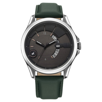 Fastrack Groove Quartz Analog with Date Grey Dial Green Leather Strap Watch For Guys 3323SL01