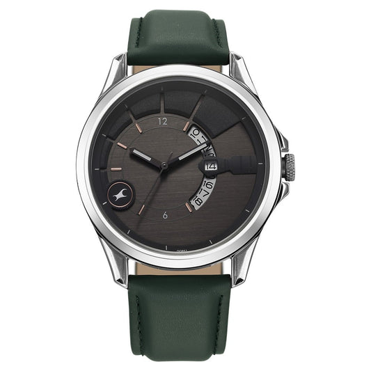 Fastrack Groove Quartz Analog with Date Grey Dial Green Leather Strap Watch For Guys 3323SL01