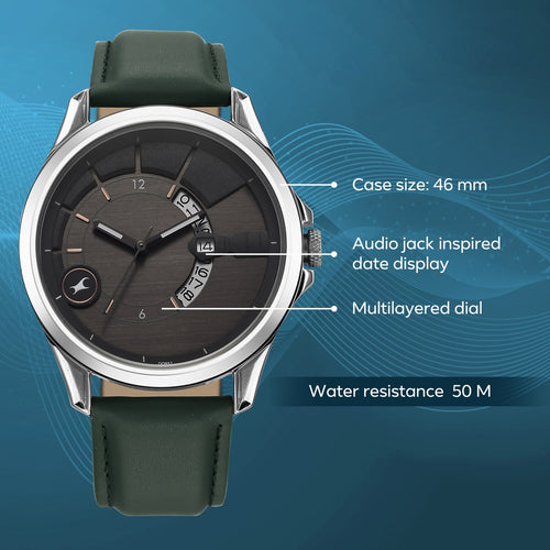 Fastrack Groove Quartz Analog with Date Grey Dial Green Leather Strap Watch For Guys 3323SL01