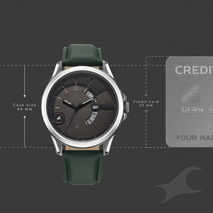 Fastrack Groove Quartz Analog with Date Grey Dial Green Leather Strap Watch For Guys 3323SL01