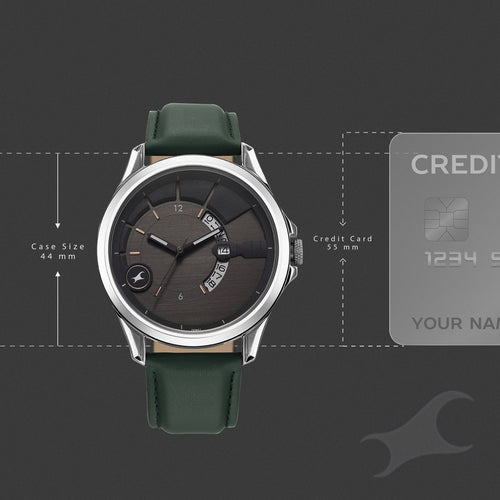 Fastrack Groove Quartz Analog with Date Grey Dial Green Leather Strap Watch For Guys 3323SL01