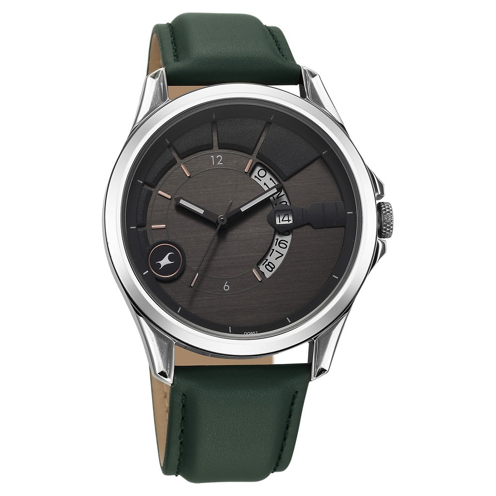 Fastrack Groove Quartz Analog with Date Grey Dial Green Leather Strap Watch For Guys 3323SL01