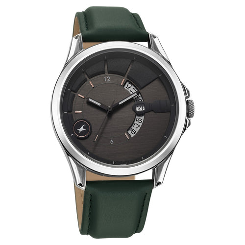 Fastrack Groove Quartz Analog with Date Grey Dial Green Leather Strap Watch For Guys 3323SL01