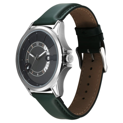 Fastrack Groove Quartz Analog with Date Grey Dial Green Leather Strap Watch For Guys 3323SL01