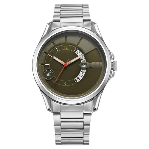 Fastrack Groove Quartz Analog with Date Green Dial Silver Stainless Steel Strap Watch For Guys 3323SM01