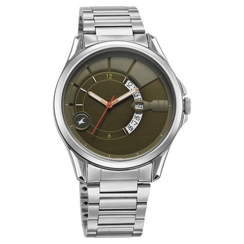 Fastrack Groove Quartz Analog with Date Green Dial Silver Stainless Steel Strap Watch For Guys 3323SM01