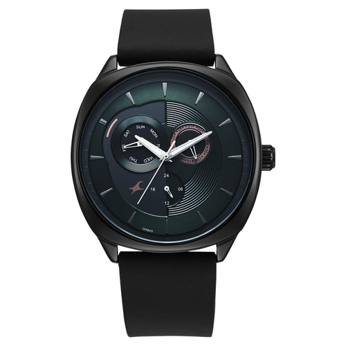 Fastrack Tick Tock Quartz Multifunction Green Dial Leather Strap Watch For Guys 3330NL01