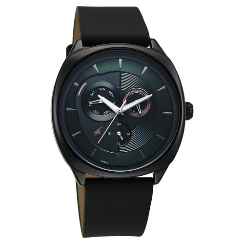 Fastrack Tick Tock Quartz Multifunction Green Dial Leather Strap Watch For Guys 3330NL01