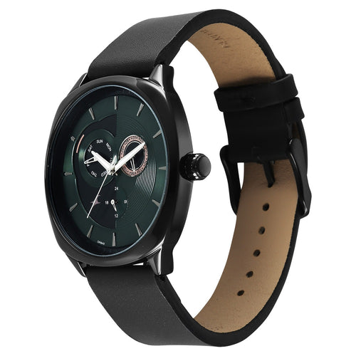 Fastrack Tick Tock Quartz Multifunction Green Dial Leather Strap Watch For Guys 3330NL01