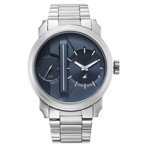 Fastrack Pulse IV Dual Time Analog Watch with Blue Dial & Silver Stainless Steel Strap For Guys 3341SM02