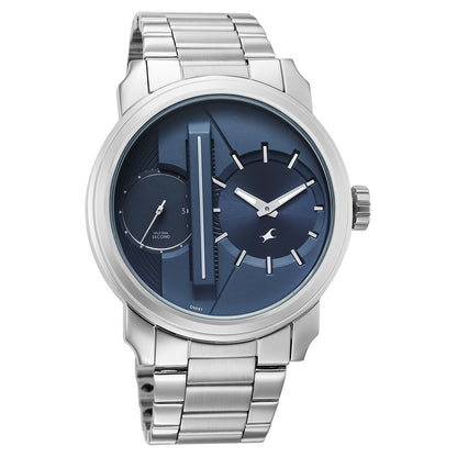 Fastrack Pulse IV Dual Time Analog Watch with Blue Dial & Silver Stainless Steel Strap For Guys 3341SM02