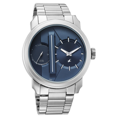 Fastrack Pulse IV Dual Time Analog Watch with Blue Dial & Silver Stainless Steel Strap For Guys 3341SM02