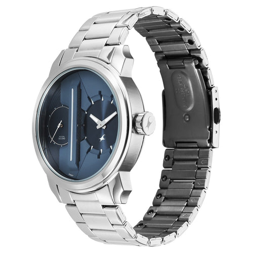 Fastrack Pulse IV Dual Time Analog Watch with Blue Dial & Silver Stainless Steel Strap For Guys 3341SM02
