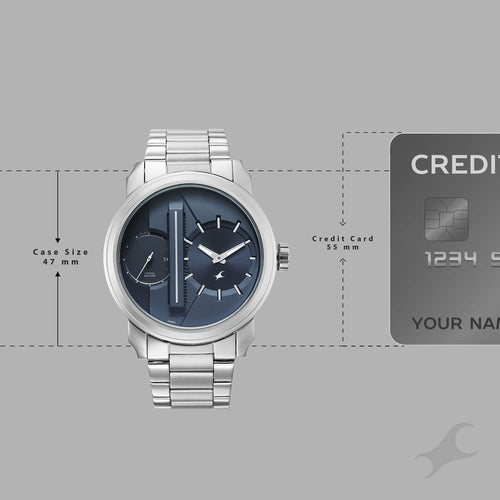 Fastrack Pulse IV Dual Time Analog Watch with Blue Dial & Silver Stainless Steel Strap For Guys 3341SM02