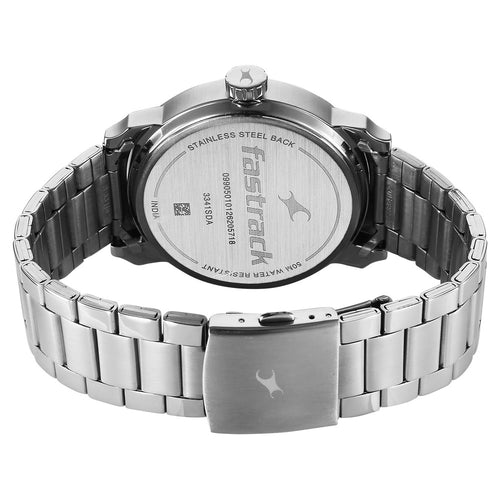 Fastrack Pulse IV Dual Time Analog Watch with Blue Dial & Silver Stainless Steel Strap For Guys 3341SM02