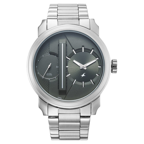 Fastrack Pulse IV Dual Time Analog Watch with Green Dial & Silver Stainless Steel Strap For Guys 3341SM03