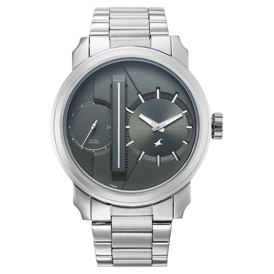 Fastrack Pulse IV Dual Time Analog Watch with Green Dial & Silver Stainless Steel Strap For Guys 3341SM03