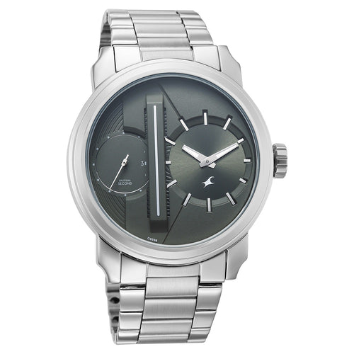 Fastrack Pulse IV Dual Time Analog Watch with Green Dial & Silver Stainless Steel Strap For Guys 3341SM03