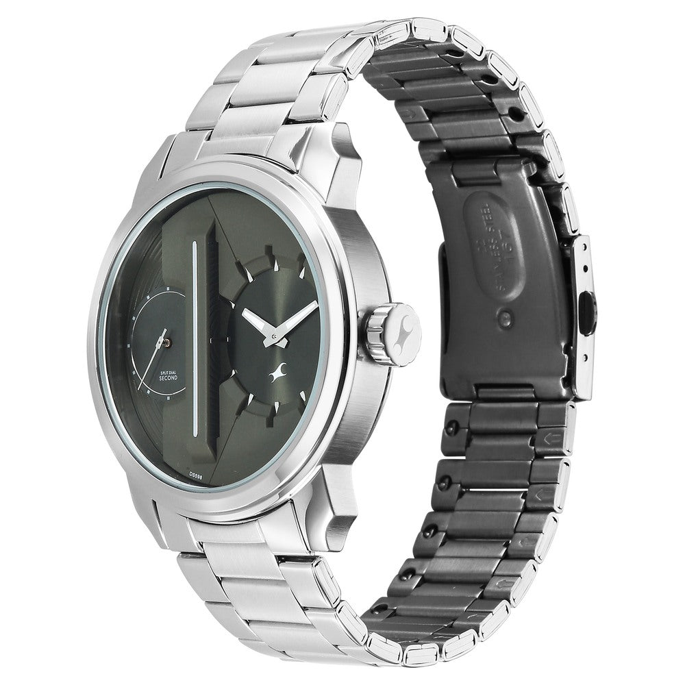 Fastrack Pulse IV Dual Time Analog Watch with Green Dial & Silver Stainless Steel Strap For Guys 3341SM03