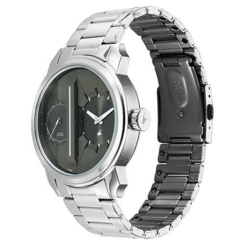 Fastrack Pulse IV Dual Time Analog Watch with Green Dial & Silver Stainless Steel Strap For Guys 3341SM03