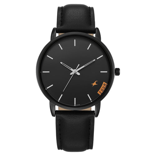 Fastrack Stunners Quartz Analog Black Dial Black Leather Strap Watch For Guys 38159NL03