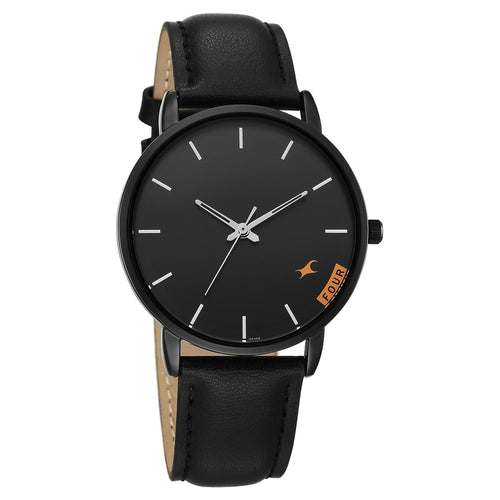 Fastrack Stunners Quartz Analog Black Dial Black Leather Strap Watch For Guys 38159NL03