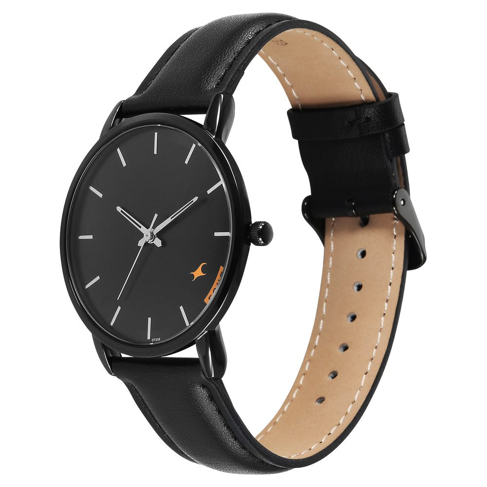 Fastrack Stunners Quartz Analog Black Dial Black Leather Strap Watch For Guys 38159NL03
