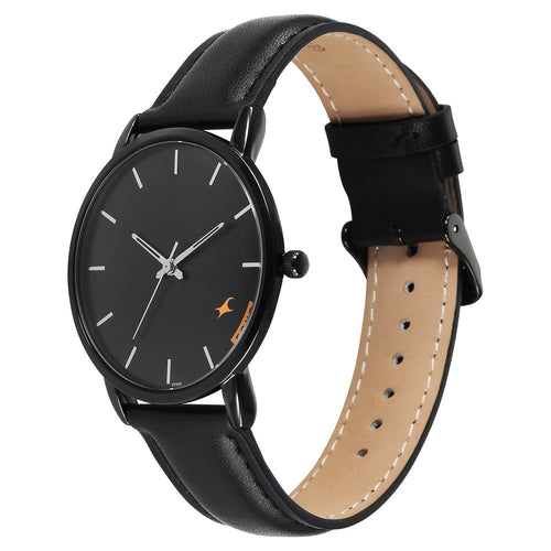 Fastrack Stunners Quartz Analog Black Dial Black Leather Strap Watch For Guys 38159NL03