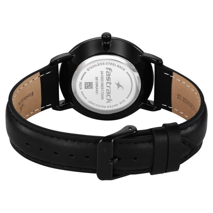 Fastrack Stunners Quartz Analog Black Dial Black Leather Strap Watch For Guys 38159NL03