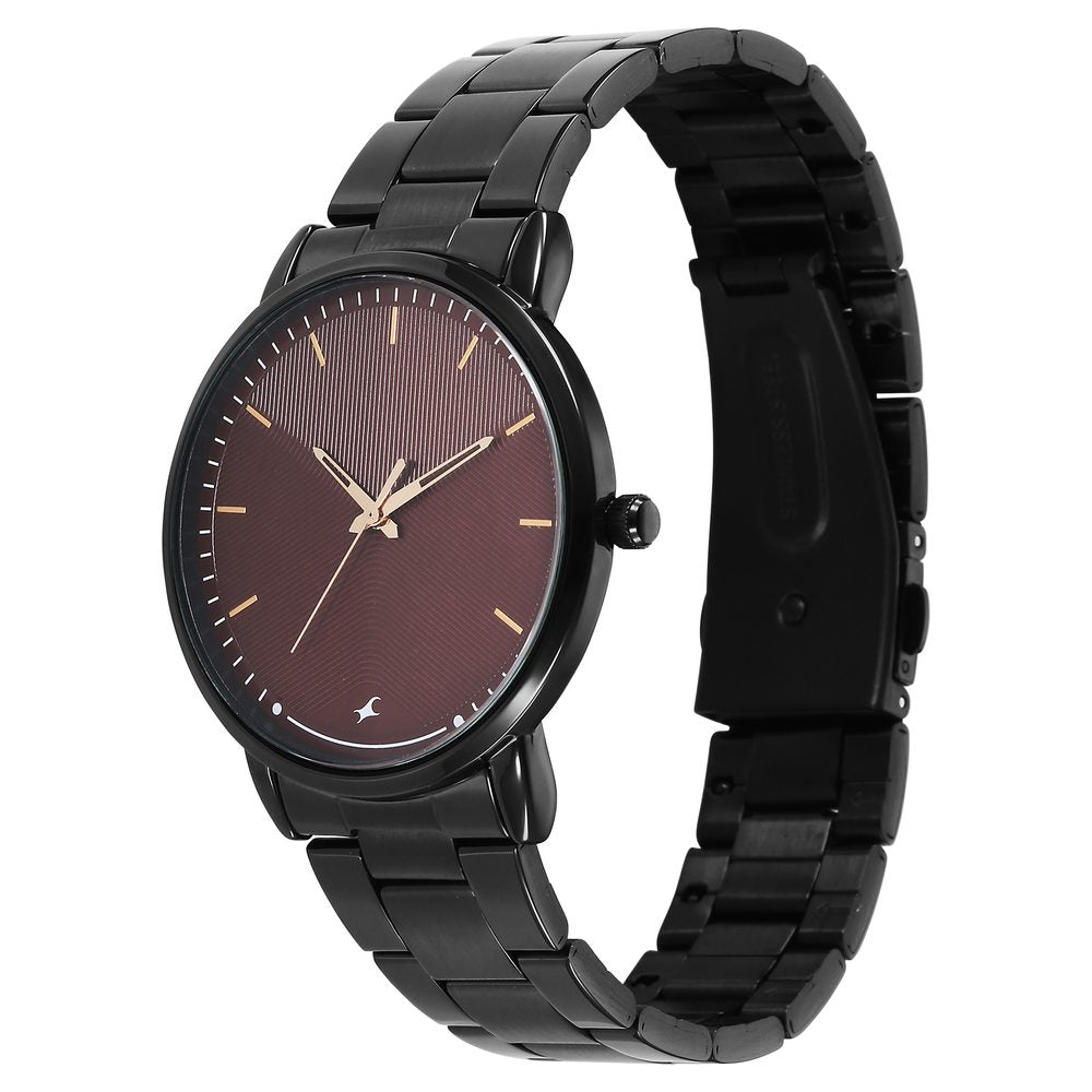 Fastrack Stunners Quartz Analog Maroon Dial Brown Stainless Steel Strap Watch For Guys 38159NM03