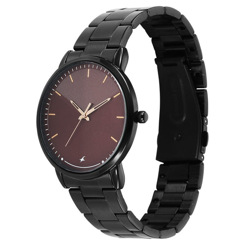 Fastrack Stunners Quartz Analog Maroon Dial Brown Stainless Steel Strap Watch For Guys 38159NM03