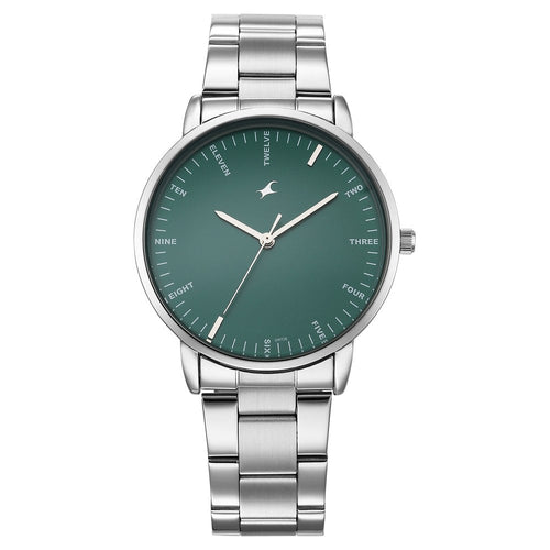 Fastrack Stunners X Quartz Analog Green Dial Stainless Steel Strap Watch For Guys NU38159SM03