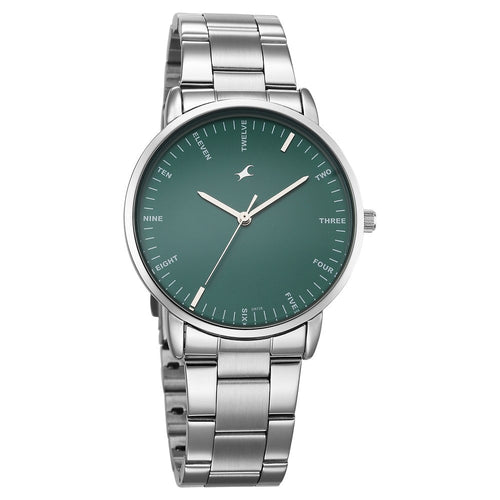Fastrack Stunners X Quartz Analog Green Dial Stainless Steel Strap Watch For Guys NU38159SM03