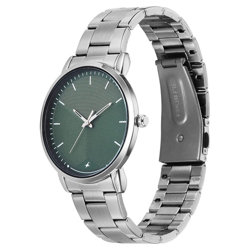 Fastrack Stunners Quartz Analog Green Dial Silver Stainless Steel Strap Watch For Guys 38159SM07