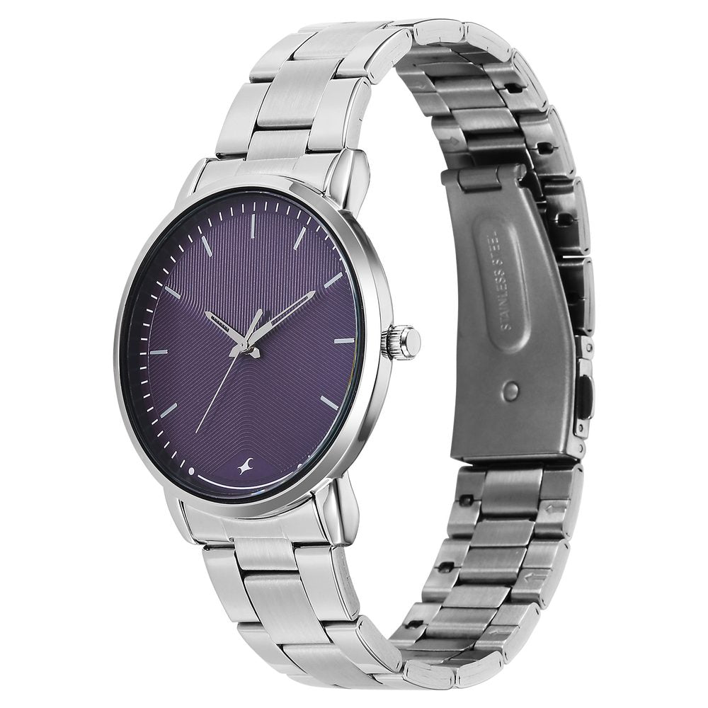 Fastrack Stunners Quartz Analog Purple Dial Silver Stainless Steel Strap Watch For Guys 38159SM08