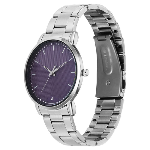 Fastrack Stunners Quartz Analog Purple Dial Silver Stainless Steel Strap Watch For Guys 38159SM08