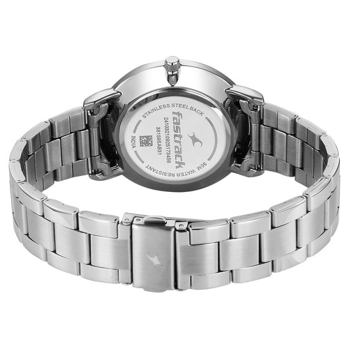 Fastrack Stunners Quartz Analog Purple Dial Silver Stainless Steel Strap Watch For Guys 38159SM08