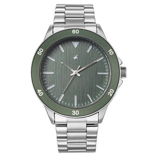 Fastrack Stunners Quartz Analog Green Dial Brown Stainless Steel Strap Watch For Guys 38160KM02