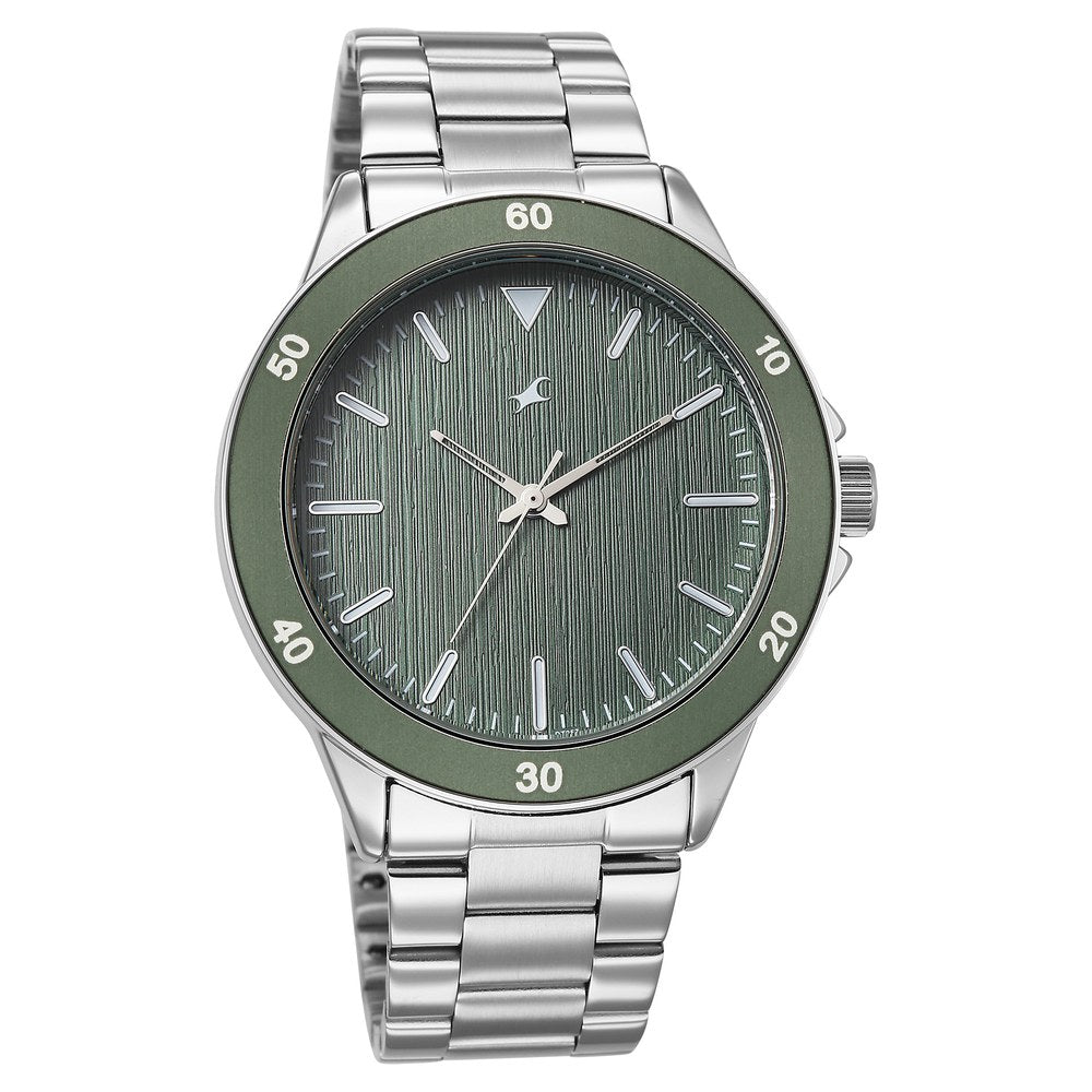 Fastrack Stunners Quartz Analog Green Dial Brown Stainless Steel Strap Watch For Guys 38160KM02