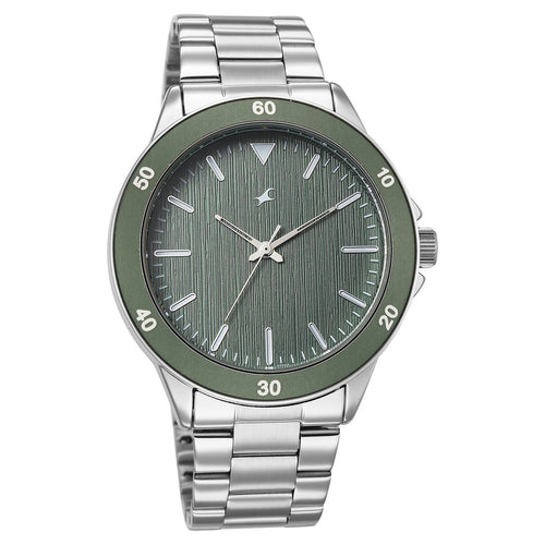 Fastrack Stunners Quartz Analog Green Dial Brown Stainless Steel Strap Watch For Guys 38160KM02