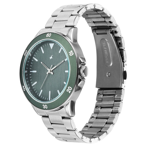 Fastrack Stunners Quartz Analog Green Dial Brown Stainless Steel Strap Watch For Guys 38160KM02