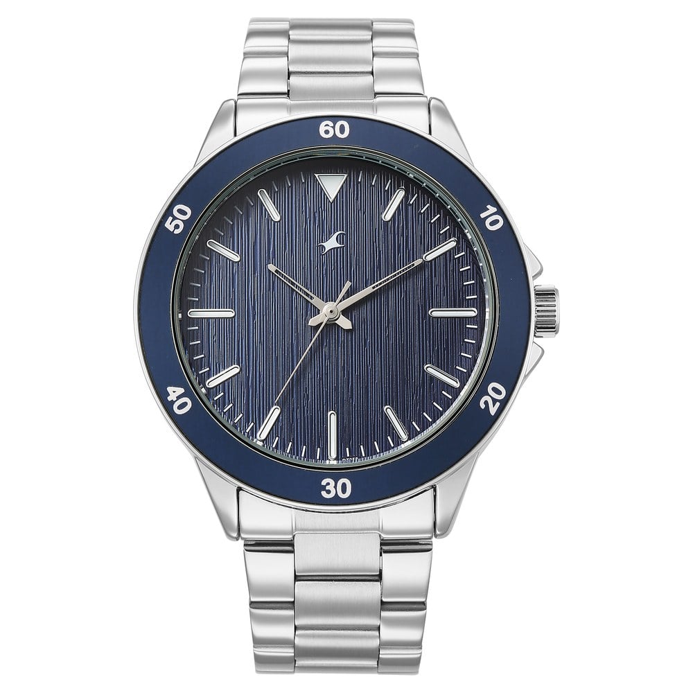 Fastrack Stunners Quartz Analog Blue Dial Black Stainless Steel Strap Watch For Guys 38160KM03