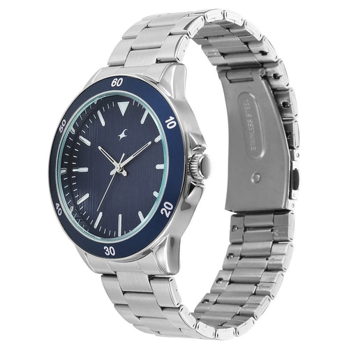 Fastrack Stunners Quartz Analog Blue Dial Black Stainless Steel Strap Watch For Guys 38160KM03