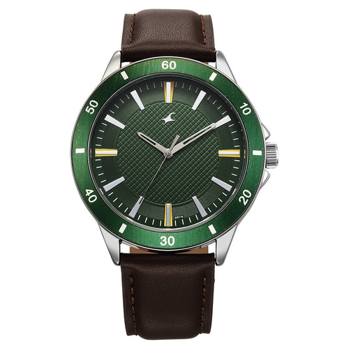 Fastrack Stunners X Quartz Analog Green Dial Leather Strap Watch For Guys 38160SL02