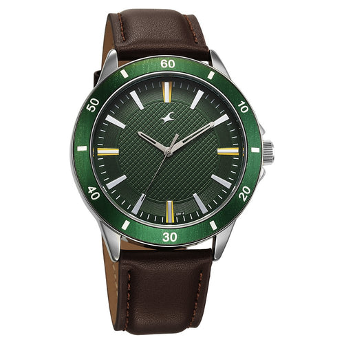 Fastrack Stunners X Quartz Analog Green Dial Leather Strap Watch For Guys 38160SL02