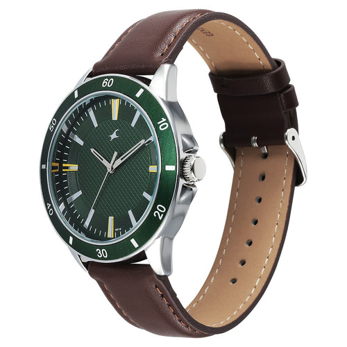 Fastrack Stunners X Quartz Analog Green Dial Leather Strap Watch For Guys 38160SL02