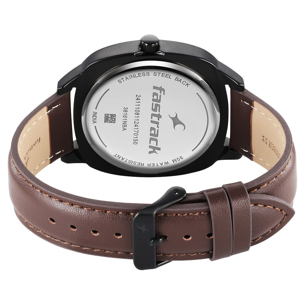 Fastrack Stunners X Quartz Analog Black Dial Leather Strap Watch For Guys 38161NL01