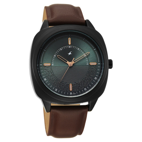 Fastrack Stunners Quartz Analog Green Dial Brown Leather Strap Watch For Guys 38161NL02